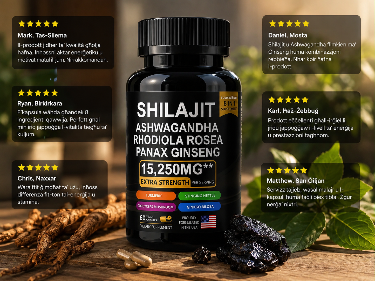 Shilajit , Ashwaganda . Sexual Health 8-in-1 Complex – Men's Vitality & Performance Formula | 15,250mg | 60 Vegan Capsules