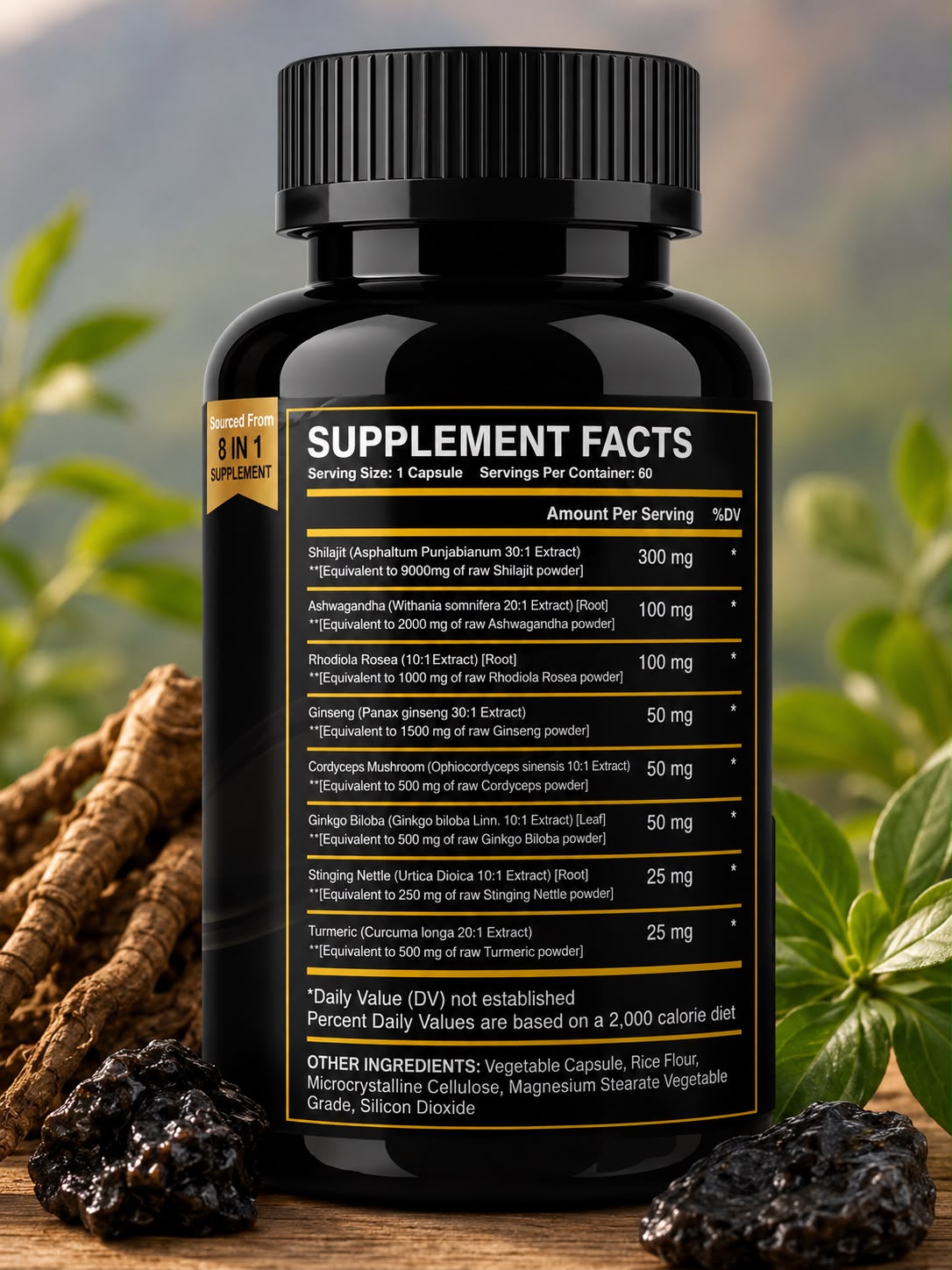Shilajit , Ashwaganda  8-in-1 Complex – Men's Vitality & Performance Formula | 15,250mg | 60 Vegan Capsules