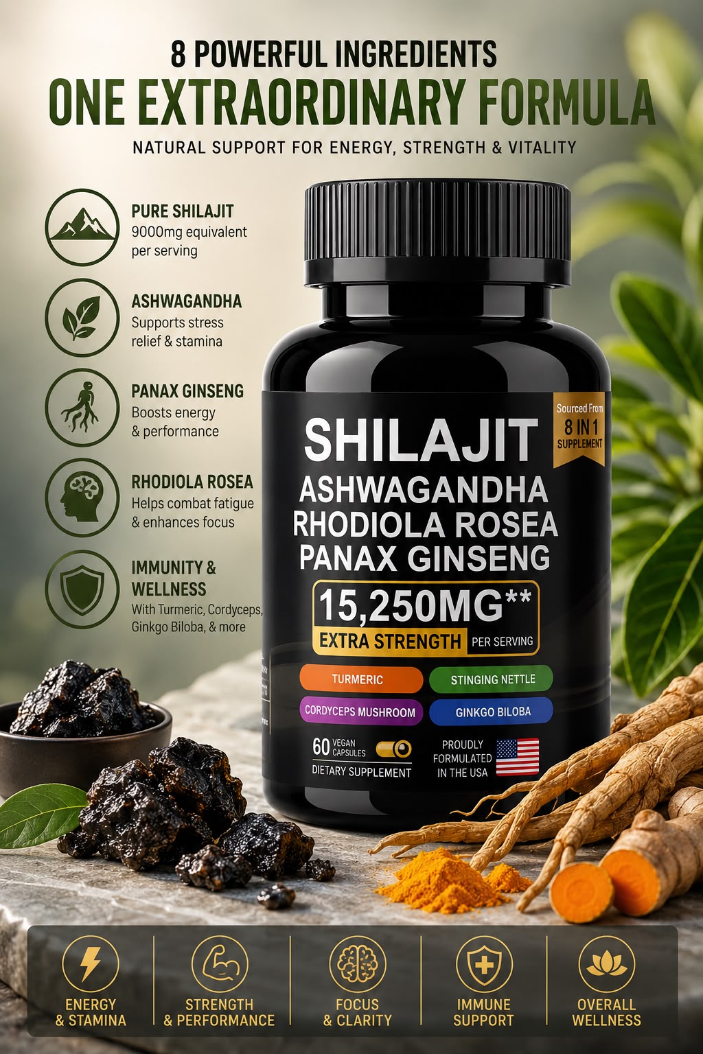 Shilajit , Ashwaganda . Sexual Health 8-in-1 Complex – Men's Vitality & Performance Formula | 15,250mg | 60 Vegan Capsules