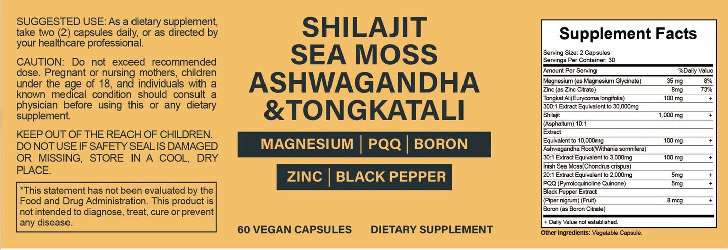 Shilajit , Ashwaganda , Magnesium , Zinc . Sexual Health , Stress Relief, Mood and Sleep Support