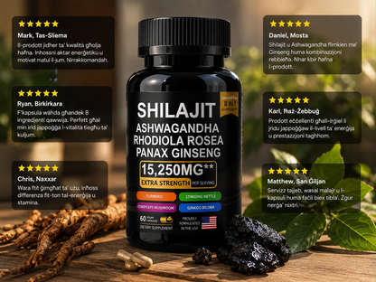 Shilajit , Ashwaganda . Sexual Health 8-in-1 Complex – Men's Vitality & Performance Formula | 15,250mg | 60 Vegan Capsules